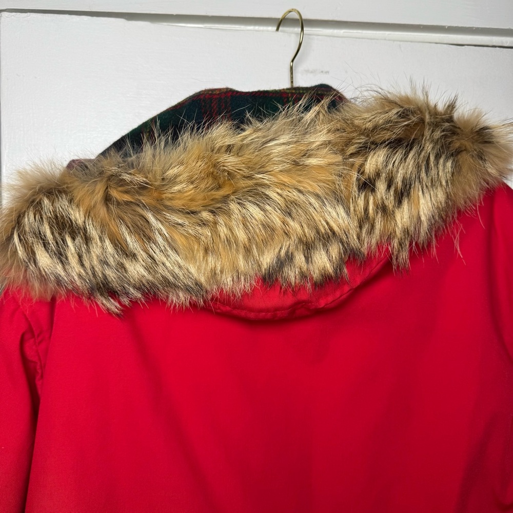 Woolrich Flannel Lined Fur Trim Parka Red Winter Coat Large - Picture 13 of 16